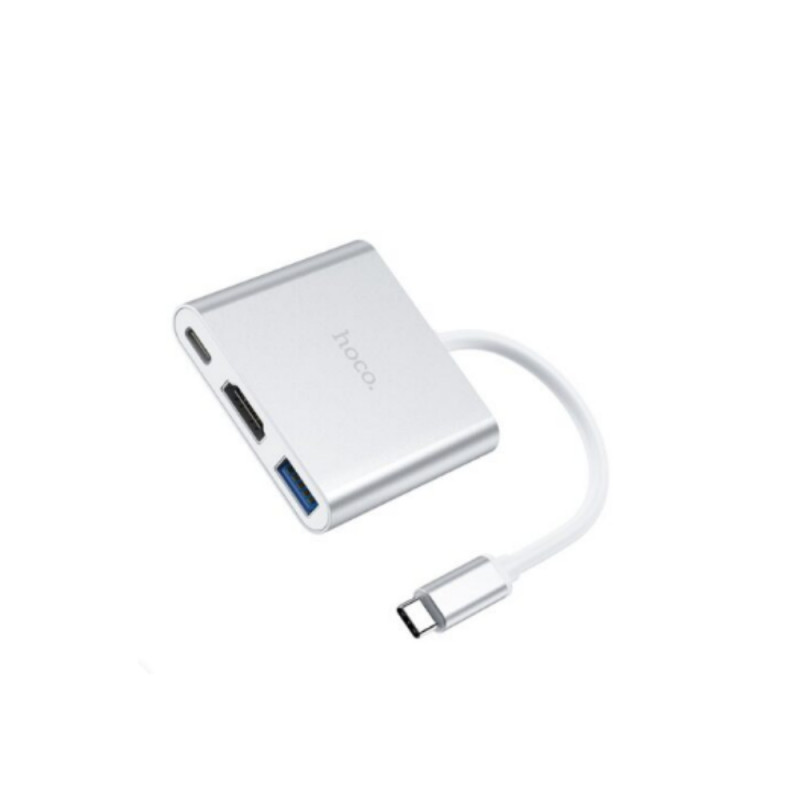 Адаптер 3-в-1, Hoco HB14 Простой в использовании адаптер Type-C, разъемы Type-C на HDMI/USB/Type-C, серый
