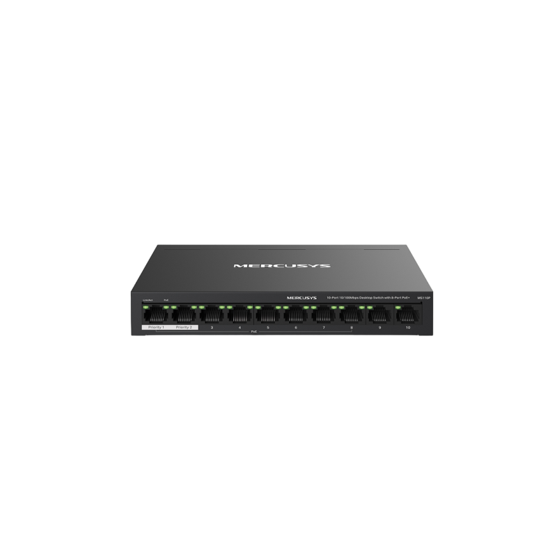 10-портовый 10/100M MERCUSYS PoE-коммутатор, MS110P, 8 портов PoE+, бюджетный 65 Вт, стальной корпус