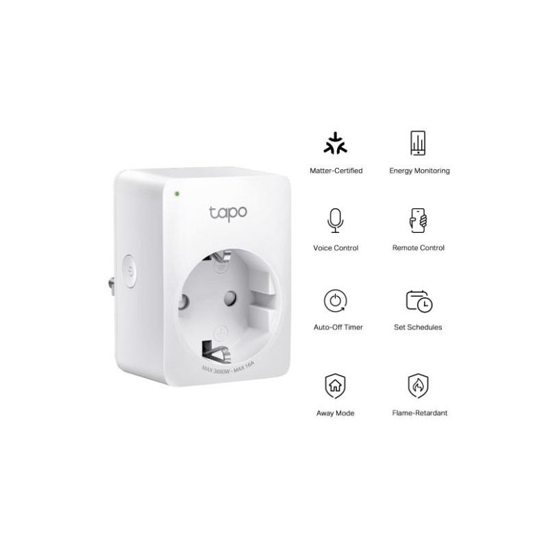 Socket TP-LINK Tapo P110M, 220–240V, 3680Wt, 16A, Smart Mini Plug with Energy Monitoring, Wifi, Remote Access,