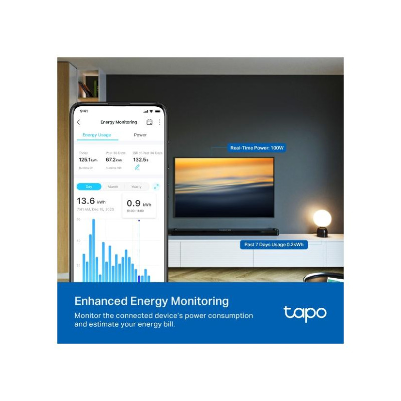 Socket TP-LINK Tapo P110M, 220–240V, 3680Wt, 16A, Smart Mini Plug with Energy Monitoring, Wifi, Remote Access,
