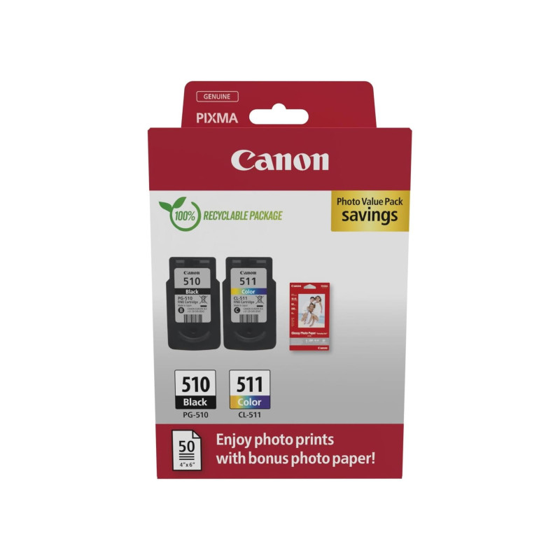Multi Pack Ink Cartridge Canon PG-510/CL-511 (2970B017) + 10*15 Glossy Photo Paper (50 sheets) PHOTO VALUE PAC for