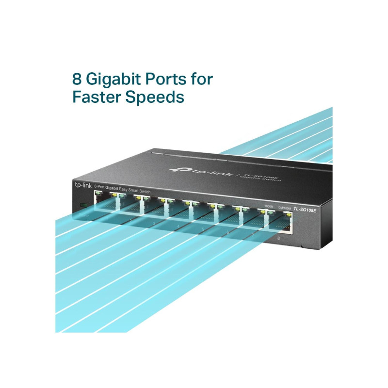 TP-LINK TL-SG108E 5-port Gigabit Easy Smart Switch, Black, 8 10/100/1000M RJ45 ports, Steel case, QoS, IGMP