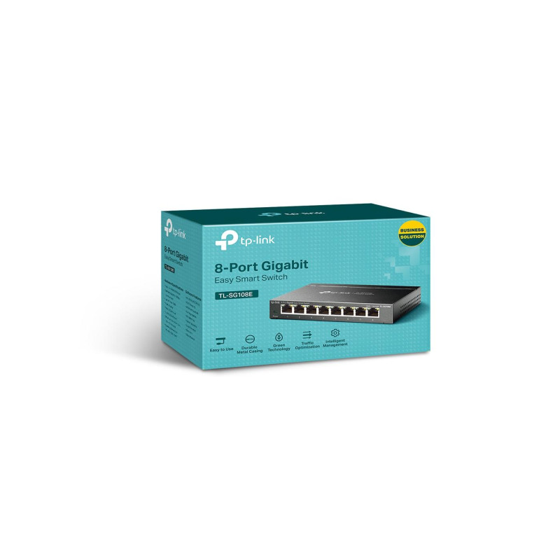 TP-LINK TL-SG108E 5-port Gigabit Easy Smart Switch, Black, 8 10/100/1000M RJ45 ports, Steel case, QoS, IGMP
