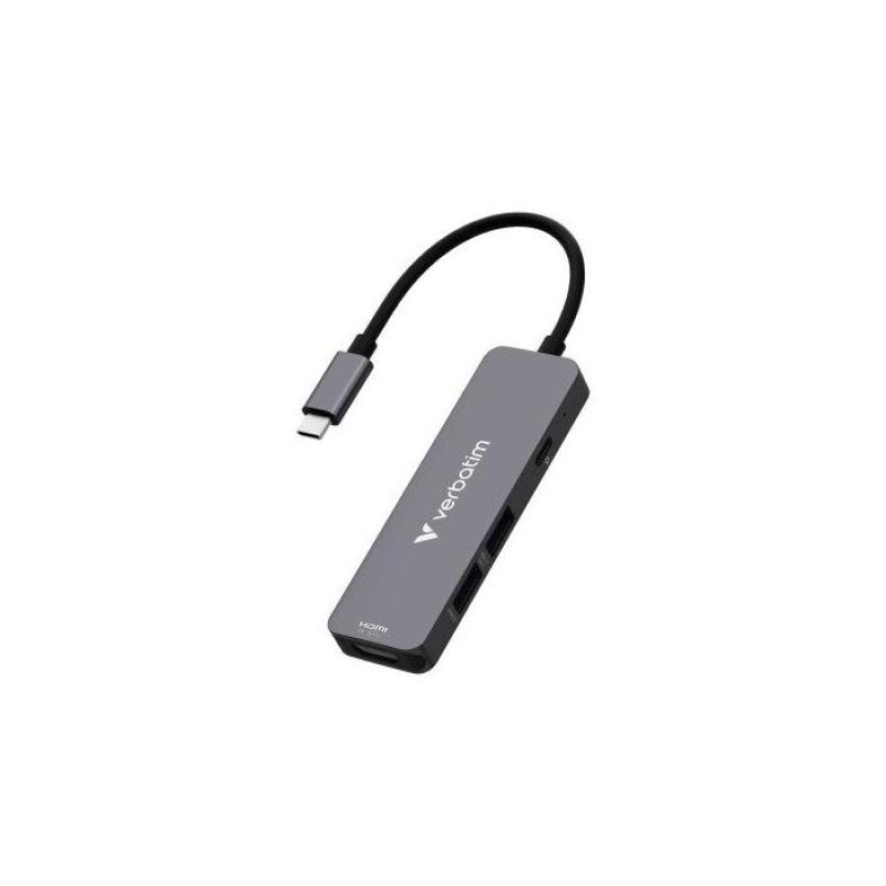 Многопортовый концентратор Verbatim USB-C Essentials, 4 порта: HDMI (до 4K/30 Гц), USB-C PD (до 100 Вт), USB-A 3.2 Gen 1, USB