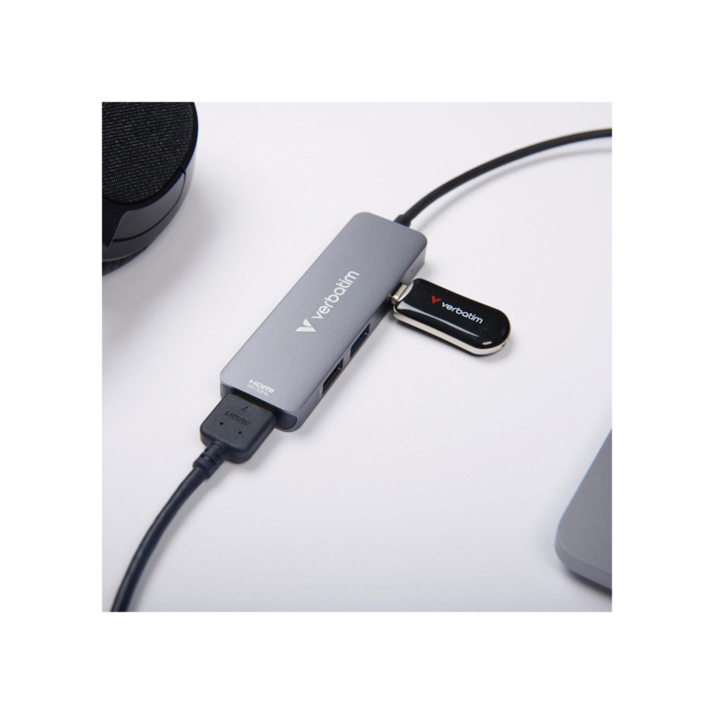 Многопортовый концентратор Verbatim USB-C Essentials, 4 порта: HDMI (до 4K/30 Гц), USB-C PD (до 100 Вт), USB-A 3.2 Gen 1, USB