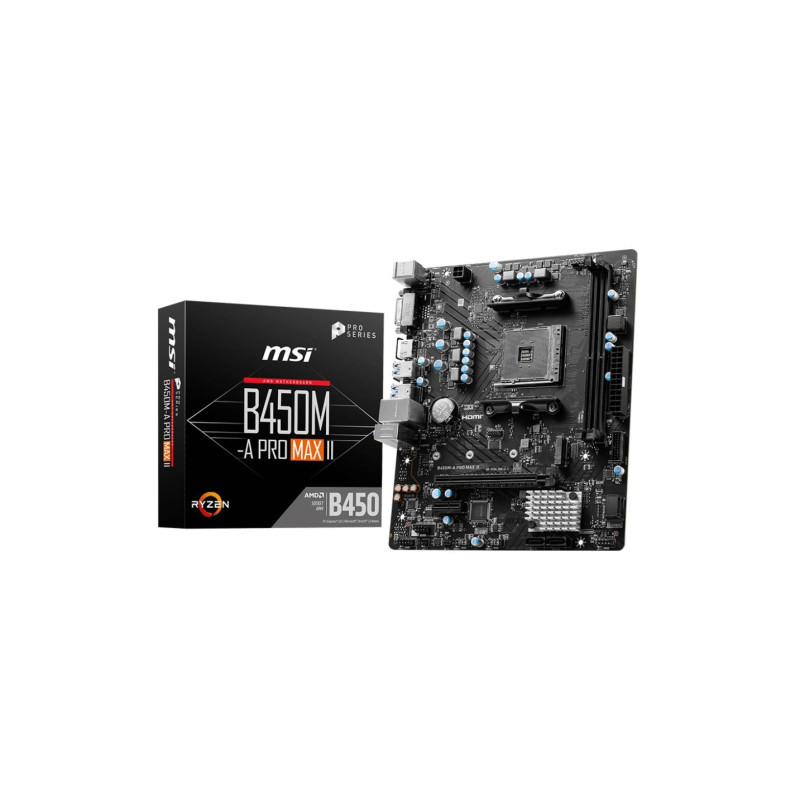 MSI B450M-A PRO MAX II, сокет AM4, AMD B450, две ОЗУ 2xDDR4-4133, графика APU AMD, DVI, HDMI, 1xPCIe X16, 4xSATA3,