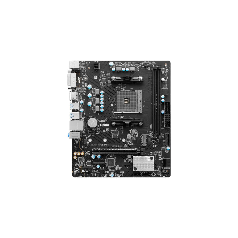 MSI B450M-A PRO MAX II, сокет AM4, AMD B450, две ОЗУ 2xDDR4-4133, графика APU AMD, DVI, HDMI, 1xPCIe X16, 4xSATA3,