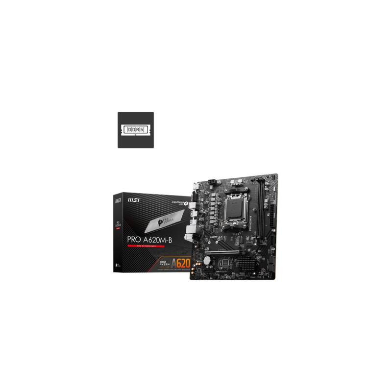 MSI PRO A620M-B, сокет AM5, AMD A620, две ОЗУ 2xDDR5-6800, графика APU AMD, 1xVGA, 1xHDMI, 1xPCIe4.0 X16, 4xSATA3,