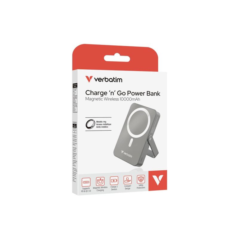 10000mAh Power bank - Verbatim Charge'n'Go Magnetic Wireless Power Bank with Stand, Dual Charging Modes: 15W