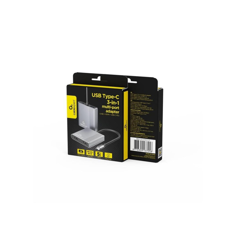 Gembird A-CM-COMBO3-04, USB Type-C 3-in-1 multi-port adapter (USB port + HDMI + PD), 85 W USB Type-C Power