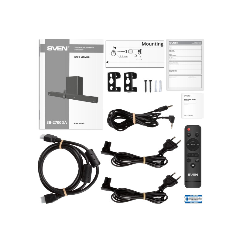 SVEN Soundbar SB-2700DA with wireless subwoofer, 450 W, 275W + 7*25W (5.1.2), DolbyAtmos, Bluetooth, HDMI, USB,