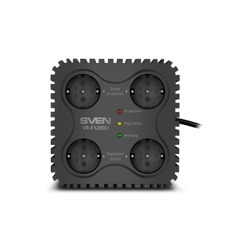 SVEN VR-F1200U, 330W, Automatic Voltage Regulator, 4x Schuko outlets, Additional outputs 2 USB-A and 1 USB type-C,