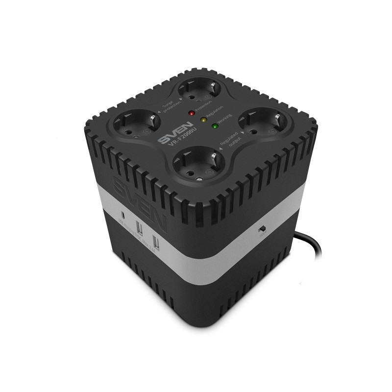 SVEN VR-F2000U, 530W, Automatic Voltage Regulator, 4x Schuko outlets, Additional outputs 2 USB-A and 1 USB type-C, 