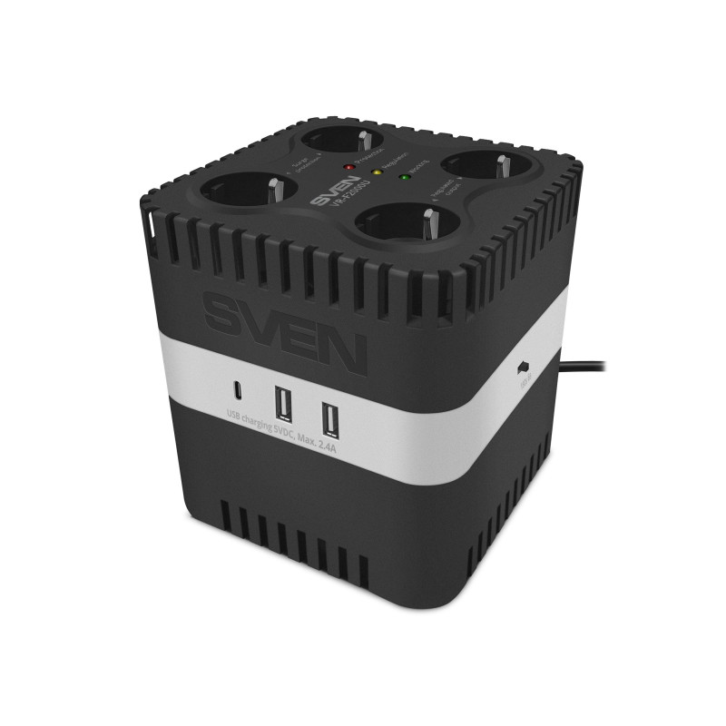 SVEN VR-F2000U, 530W, Automatic Voltage Regulator, 4x Schuko outlets, Additional outputs 2 USB-A and 1 USB type-C,