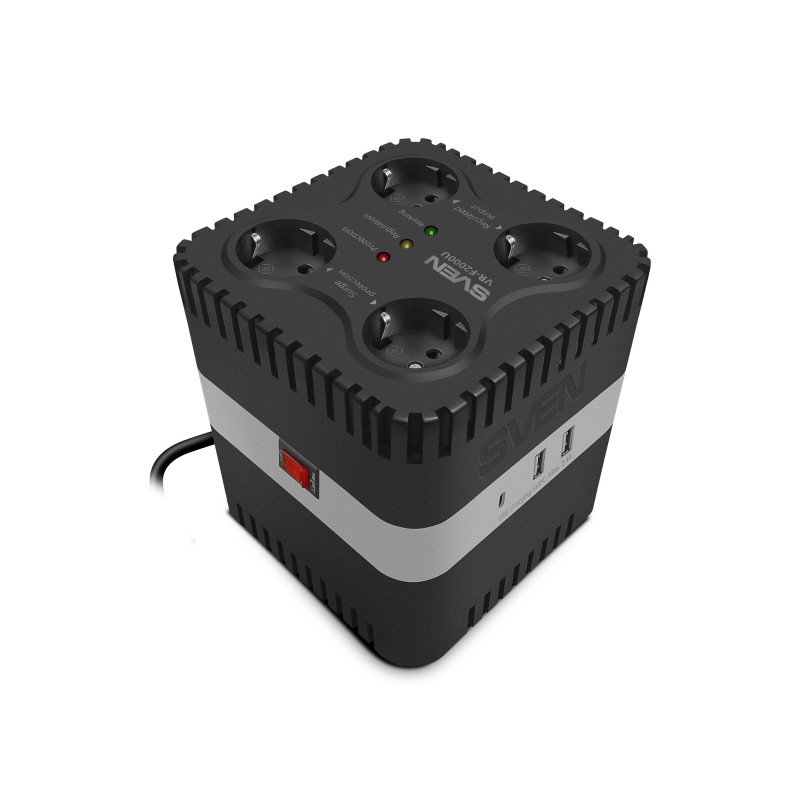 SVEN VR-F2000U, 530W, Automatic Voltage Regulator, 4x Schuko outlets, Additional outputs 2 USB-A and 1 USB type-C,
