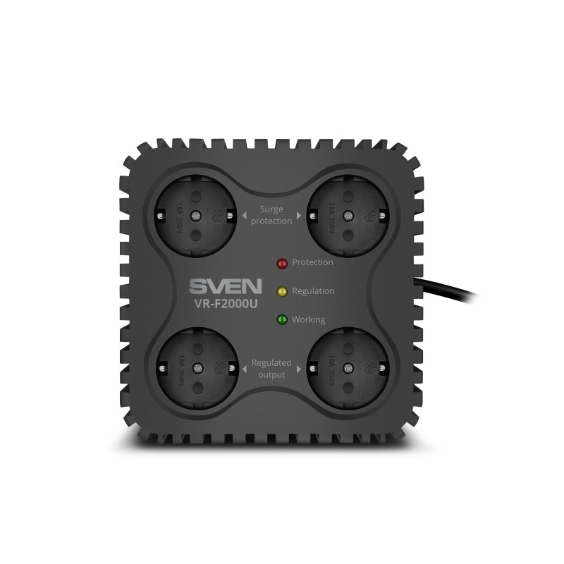 SVEN VR-F2000U, 530W, Automatic Voltage Regulator, 4x Schuko outlets, Additional outputs 2 USB-A and 1 USB type-C,