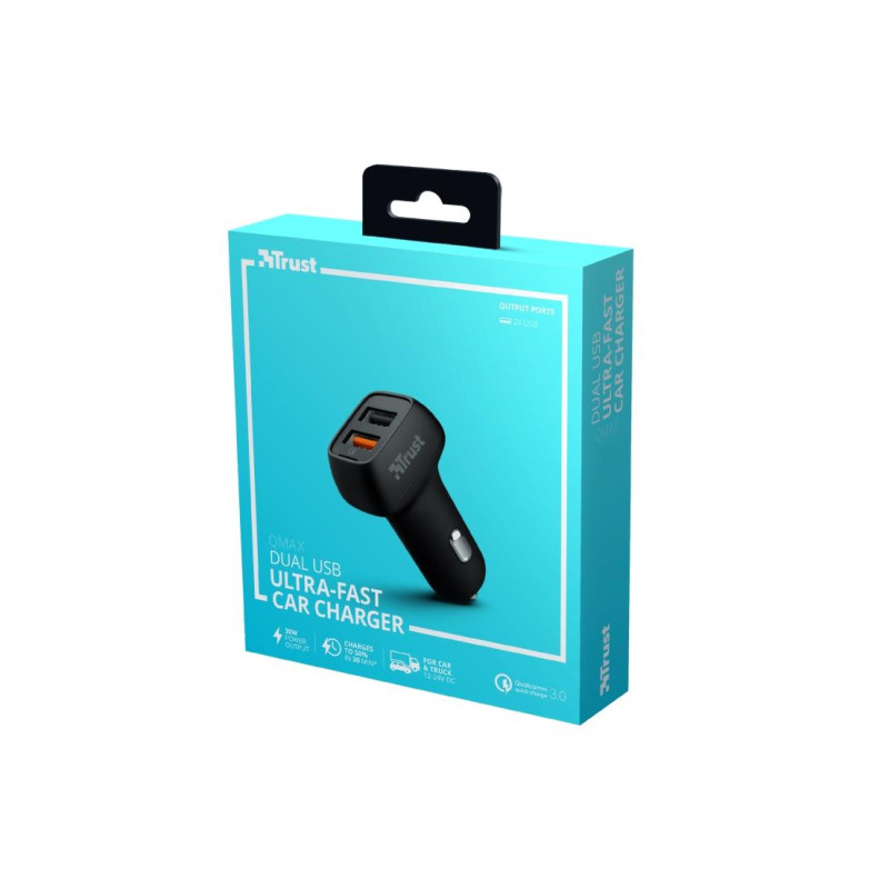 Автомобильное зарядное устройство Trust Qmax 30 Вт Ultra-Fast Dual USB, черное