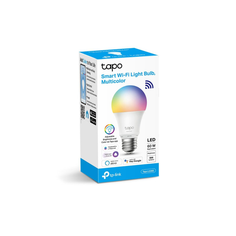 TP-LINK Tapo L530E, умная светодиодная лампа Wi-Fi RGB E27 с регулировкой яркости, RGB, цветовая температура 2500K-6500K, номинальная мощность 8,7 Вт, 806 люмен, 15 000 часов, угол раскрытия луча 220°, дистанционное управление по Wi-Fi, регулировка яркост
