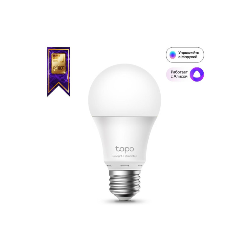 TP-LINK Tapo L520E, интеллектуальная светодиодная лампа Wi-Fi E27 с регулировкой яркости, белая, цветовая температура 4000 К, номинальная мощность 8 Вт, 806 люмен, 15 000 часов, угол луча 220°, дистанционное управление по Wi-Fi, регулировка яркости, голос