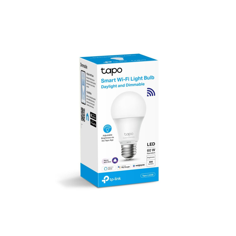 TP-LINK Tapo L520E, интеллектуальная светодиодная лампа Wi-Fi E27 с регулировкой яркости, белая, цветовая температура 4000 К, номинальная мощность 8 Вт, 806 люмен, 15 000 часов, угол луча 220°, дистанционное управление по Wi-Fi, регулировка яркости, голос