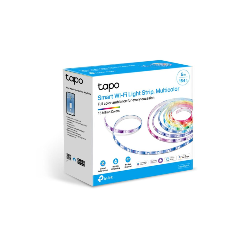 TP-LINK Tapo L920-5, Smart Wi-Fi Light Strip 5m, Multicolor, 2100 mcd, 25000 hours, Built-in IC Chip, One Line Multiple Colors, Voice Control, PU Coating, No Hub Required, 3M Peel-and-Stick, Bounce to the music and the lights, Flexible Installation, Sched