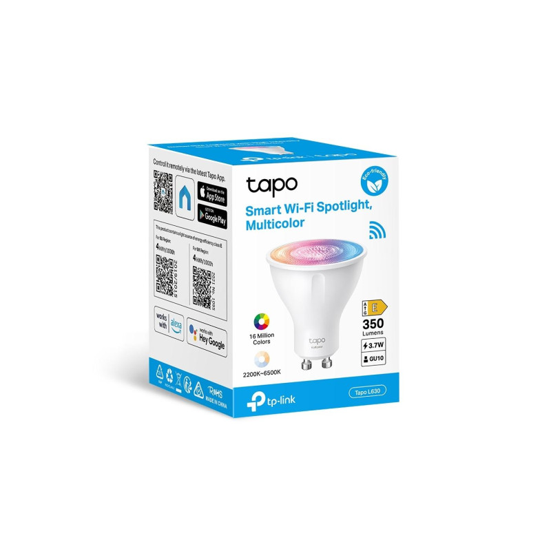 Прожектор TP-LINK Tapo L630, интеллектуальный прожектор Wi-Fi, 16 млн разноцветных ламп, цоколь GU10, работает с устройствами TAPO, концентратор не требуется, настраиваемый белый цвет, цветовая температура 2200–6500 К, номинальная мощность 3,7 Вт, 350 люм