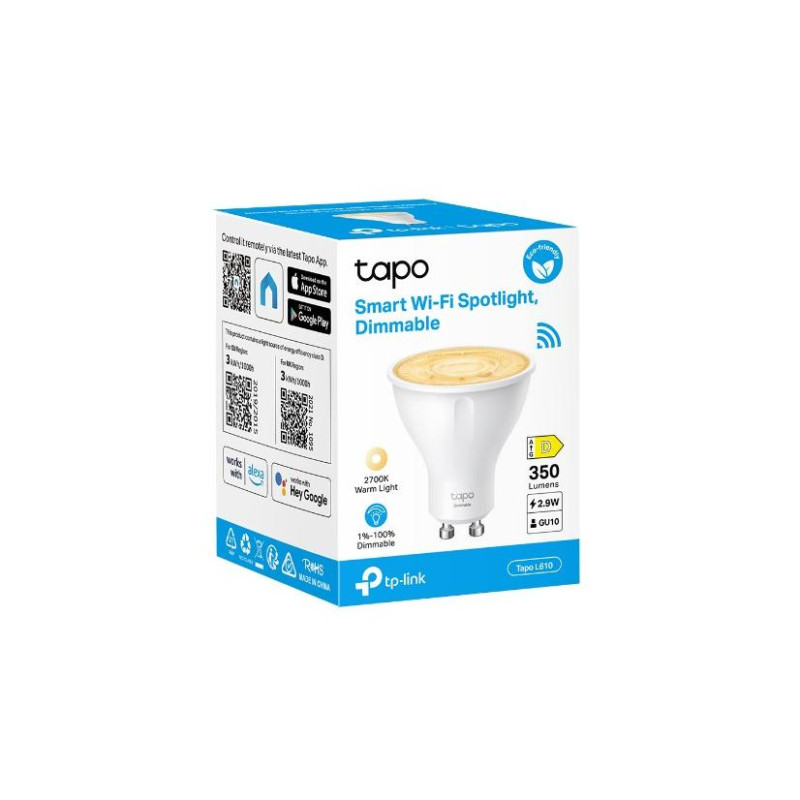 Прожектор TP-LINK Tapo L610, умный прожектор Wi-Fi, с регулировкой яркости, теплый свет 2700 К, цоколь GU10, работает с устройствами TAPO, концентратор не требуется, номинальная мощность 3,7 Вт, 350 люмен (эквивалент 50 Вт), угол светового луча 40°, диста