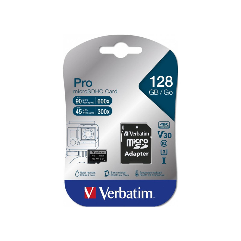 Карта памяти MicroSD 128GB Verbatim Pro 600X + SD Adapter