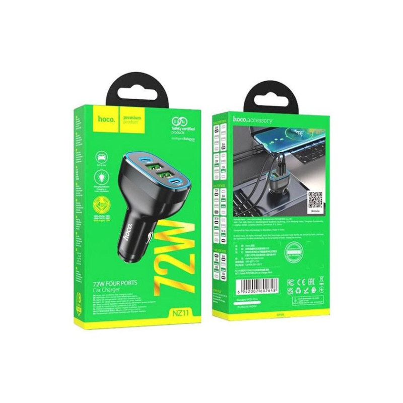Автомобильное зарядное устройство USB - HOCO "NZ11 Guide", 2 x USB + 2 USB-C, Общая выходная мощность: 72 Вт, до PD36 Вт / QC3.0, USB-A 1/2: до 18 Вт,