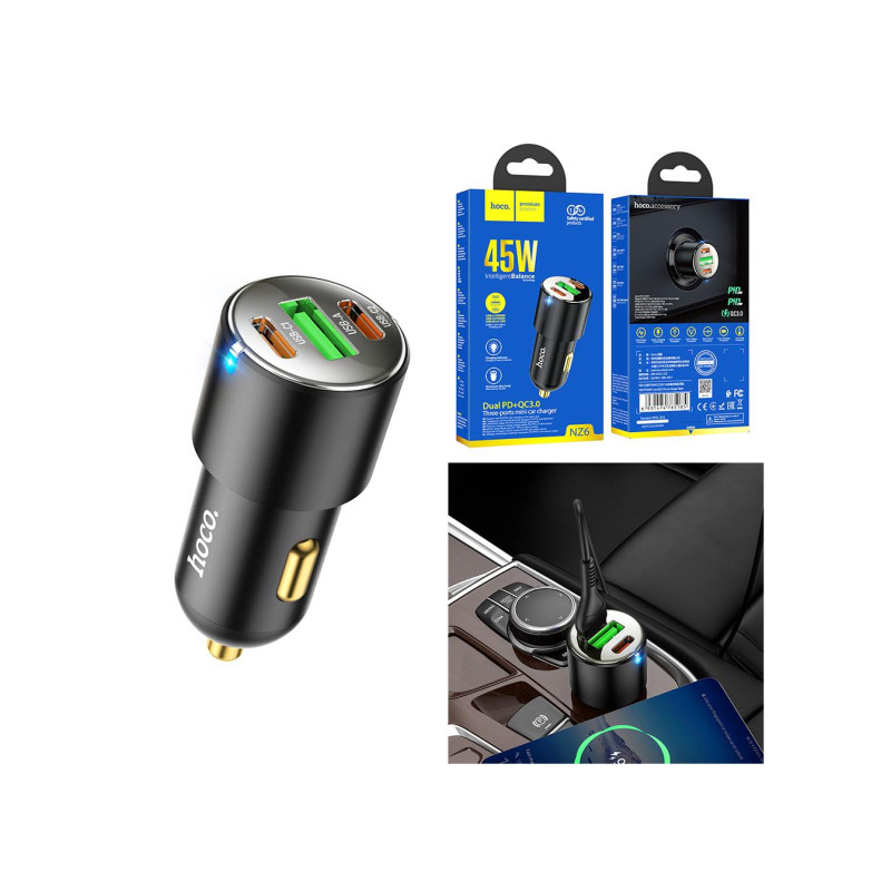 Автомобильное зарядное устройство USB - HOCO "NZ6", USB + 2 USB-C, Общая выходная мощность: 45 Вт, до PD45 Вт / QC3.0, USB-C 1/2: до 25 Вт, USB: до