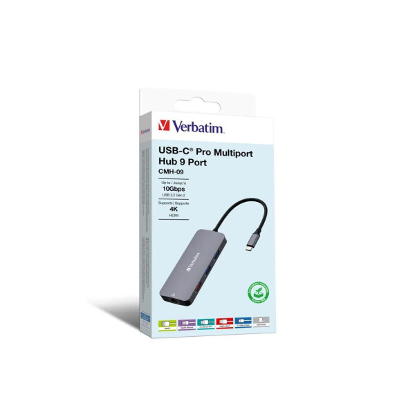Многопортовый концентратор Verbatim 9-в-1 USB-C Pro CMH-09, 2x USB 3.2-A (Gen 1), 1x UB3.2-A (Gen 2), 2x USB 3.2-C (Gen 2), HDMI 4K, RJ45