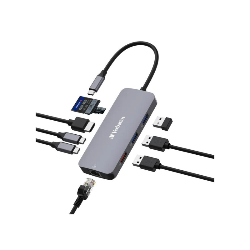 Многопортовый концентратор Verbatim 9-в-1 USB-C Pro CMH-09, 2x USB 3.2-A (Gen 1), 1x UB3.2-A (Gen 2), 2x USB 3.2-C (Gen 2), HDMI 4K, RJ45