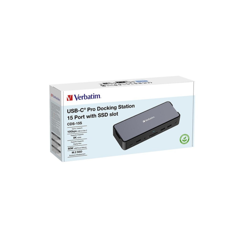Док-станция Verbatim 15-в-1 USB-C Pro CDS-15S, 15 портов со слотом для SSD, 2 x HDMI, до 8K при 30 Гц; 1 x DP, до 8K@30Гц; 1 х