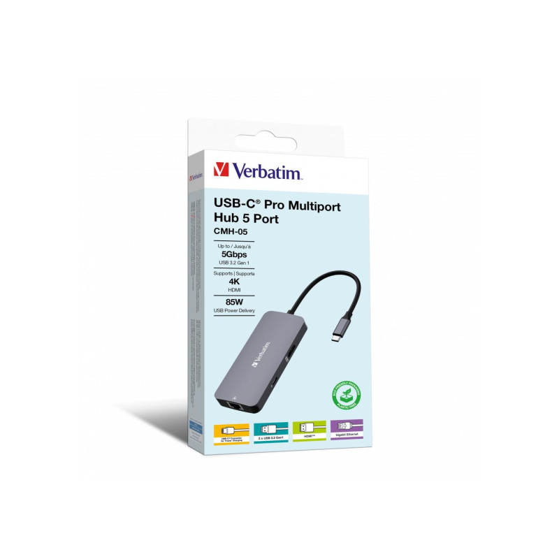 Многопортовый концентратор Verbatim 5-в-1 USB-C Pro CMH-05, 2 порта USB-A 3.0, до 5 Гбит/с, 1 порт USB-C PD, до 100 Вт, HDMI до 4K@