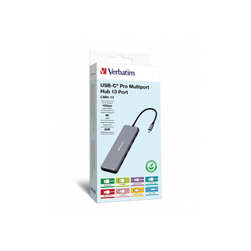 Многопортовый концентратор Verbatim 13-в-1 USB-C Pro CMH-13, 3x USB 3.2-A (Gen 1), 1x USB3.2-A (Gen 2), 2x USB2.0-A, 2x USB-C