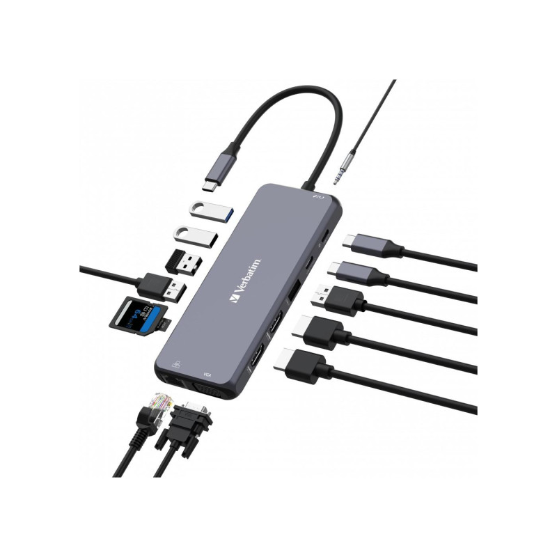 Многопортовый концентратор Verbatim CMH-14 USB-C Pro 14 в 1, 3 порта USB 3.2-A (Gen 1), 2 порта USB2.0-A, 1 порт USB-C PD (100 Вт), 2 порта HDMI 4K