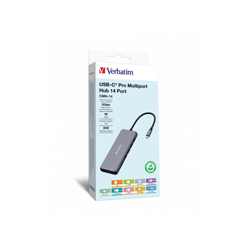 Многопортовый концентратор Verbatim CMH-14 USB-C Pro 14 в 1, 3 порта USB 3.2-A (Gen 1), 2 порта USB2.0-A, 1 порт USB-C PD (100 Вт), 2 порта HDMI 4K