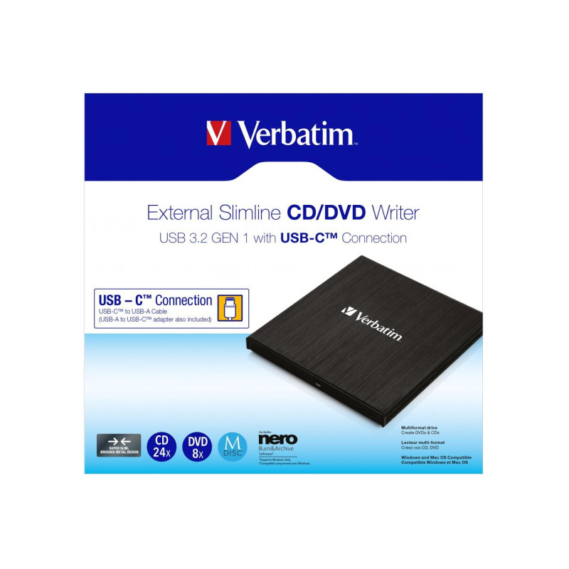 External Slimline CD/DVD Writer with USB-C VERBATIM, Portable Slim -14mm, Super-Multi CDR/RW +24x/-24x, DVDR+8x/-8x