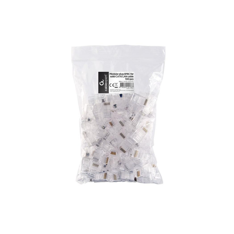 RJ45 Modular Plug LC-8P8C-002/100, Modular plug 8P8C for solid CAT6 LAN cable, 30u” gold plated, 100 pcs/bag
