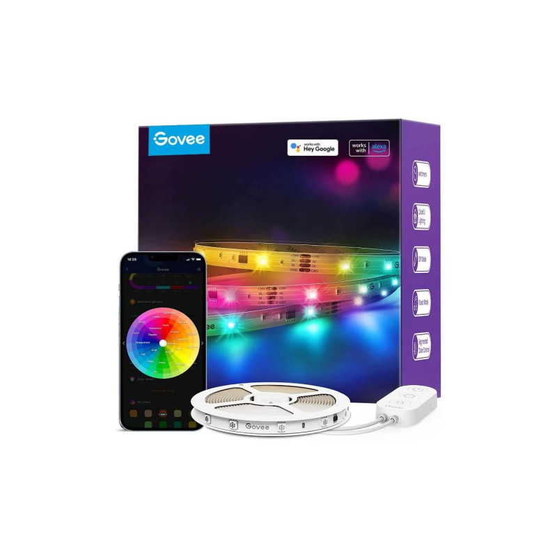 Светодиодная лента GOVEE RGBIC Basic LED Strip Light 5 м, интеллектуальная Wi-Fi-светодиодная лента, многоцветная, зональное управление цветом, голосовое управление