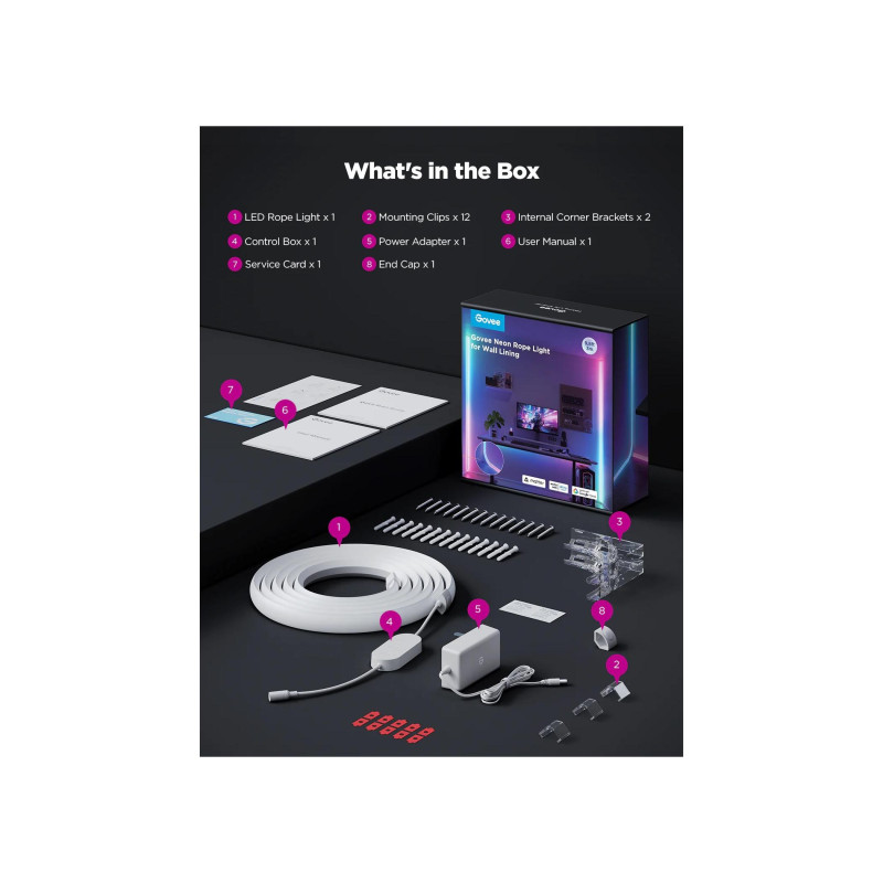 Световая лента GOVEE Neon Rope Light для облицовки стен 5 м, интеллектуальная Wi-Fi-световая лента, Wi-Fi + BT, многоцветная, широкая