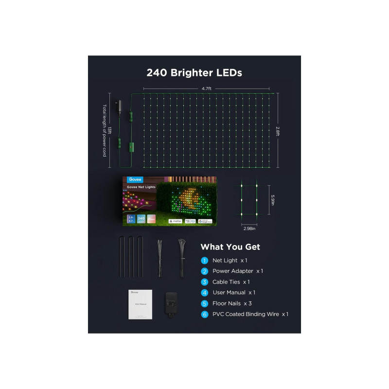 Уличные сетевые светильники GOVEE RGBIC Net Lights 1,2*1,2 м, Wi-Fi + BT, 240 светодиодов, несколько режимов сцены, режим «сделай сам», IP65