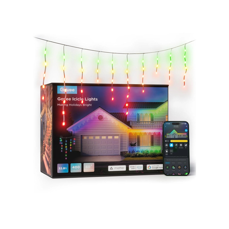Уличные сосульки GOVEE RGBIC Icicle Ligths 10M, Wi-Fi + BT, приложение, совместимость с Matter, несколько режимов сцены, сделай сам