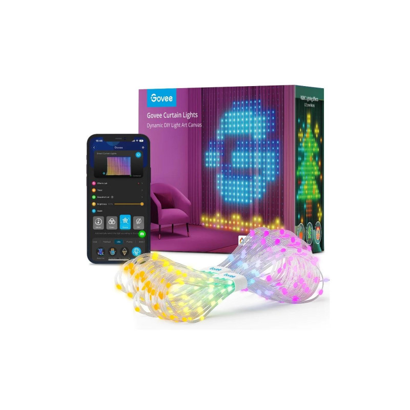 Уличные светильники для занавесок GOVEE RGBIC Curtain Lights 1,5*2 м, Wi-Fi + BT, 520 светодиодов, режим «сделай сам», режим музыки, 520 светодиодов, 86