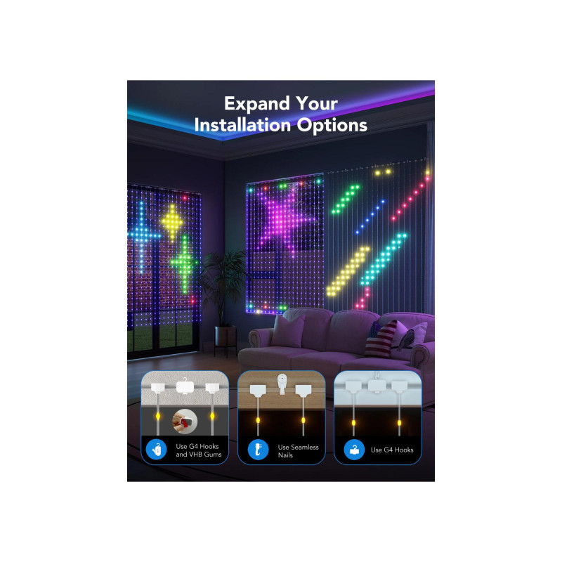 Уличные светильники для занавесок GOVEE RGBIC Curtain Lights 1,5*2 м, Wi-Fi + BT, 520 светодиодов, режим «сделай сам», режим музыки, 520 светодиодов, 86
