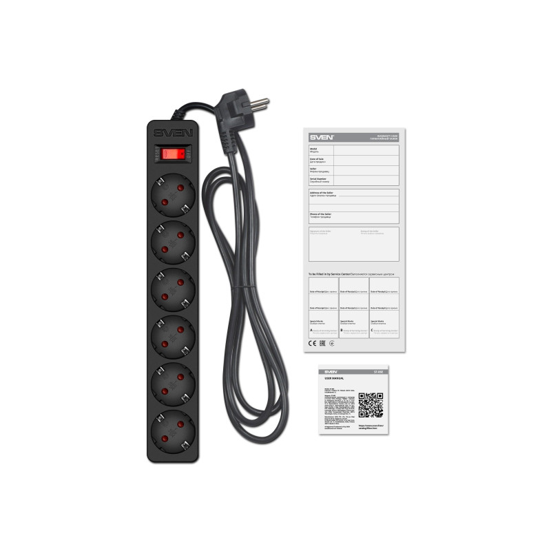 Сетевой фильтр Sven SF-06E, 6 Sockets, 5 m, Black