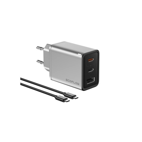 Зарядное устройство EcoFlow RAPID 65 Вт GaN с кабелем 100 Вт длиной 1 м, 2 портами USB-C и 1 портом USB-A, заряжает 3 устройства одновременно