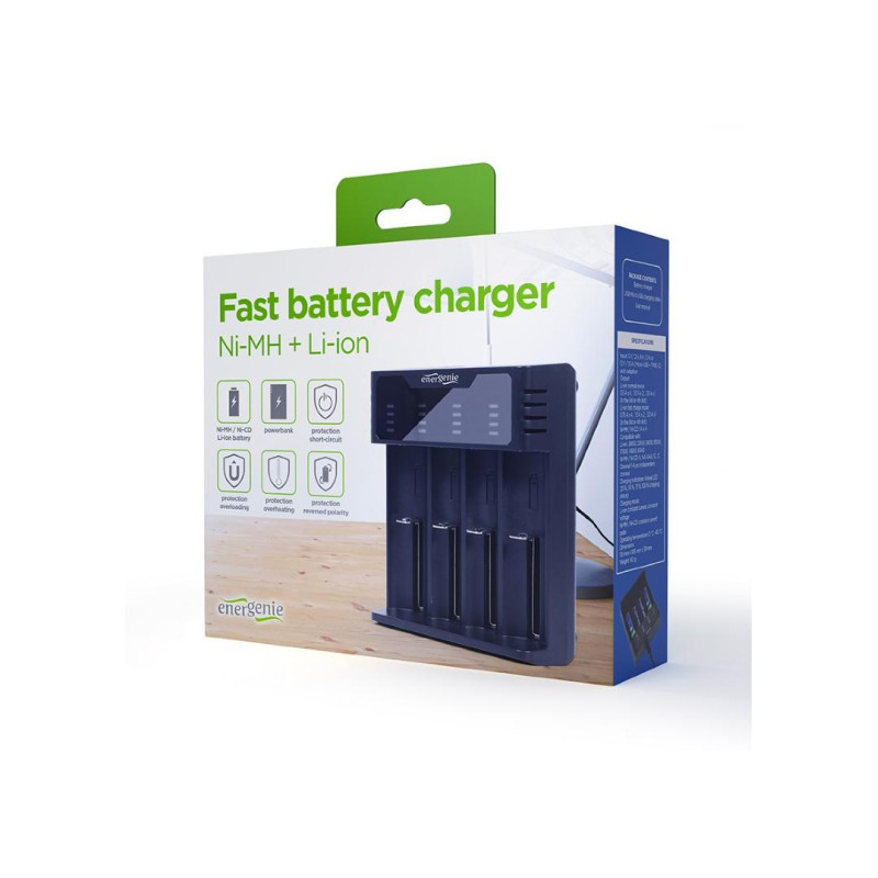 Быстрое зарядное устройство для Ni-MH + Li-ion аккумуляторов EnerGenie BC-USB-02, выходной порт USB для практичной функции внешнего аккумулятора (5 В / 2 А)