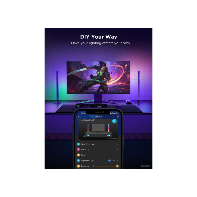 Световые панели для мониторов GOVEE RGBIC Wi-Fi Gaming Light Bars с интеллектуальным контроллером (24"-32"), Wi-Fi + BT, многоцветный, приложение