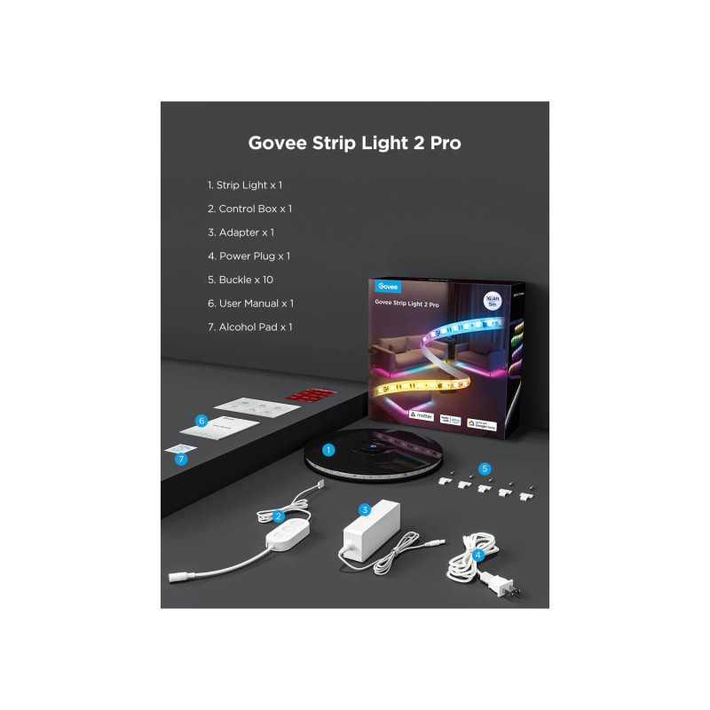 Светодиодная лента GOVEE RGBICWW LED Strip Light 2 Pro 5 м, защитное покрытие, интеллектуальная Wi-Fi-светодиодная лента, 5-в-1 RGBIC+